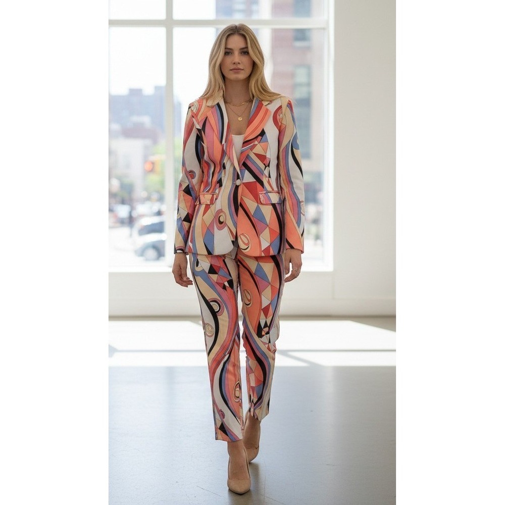 Nichole Lynel Pants Suit Size Medium Pink Orange Black Abstract